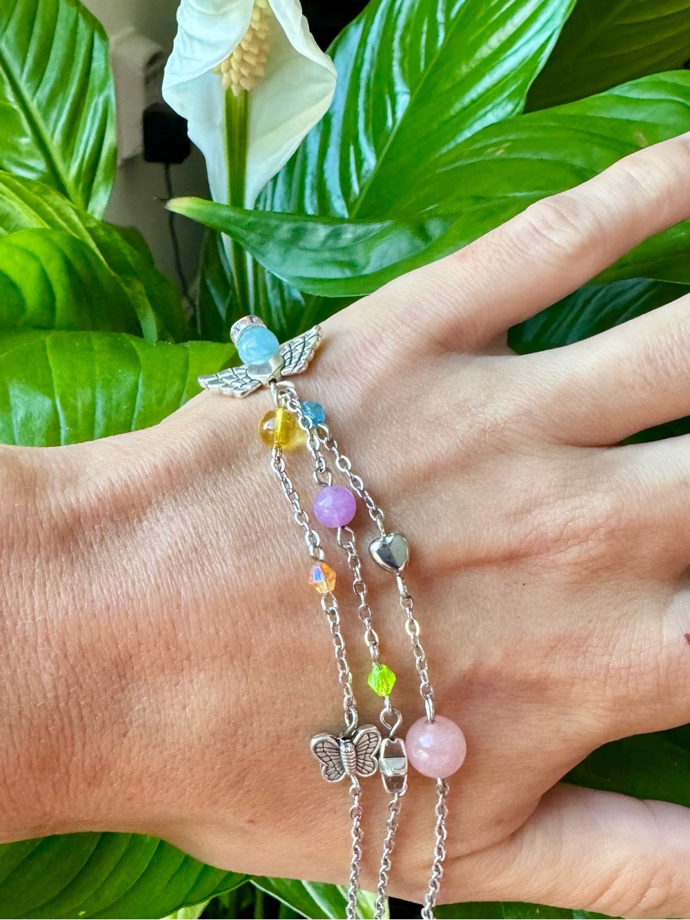 Handmade MULTI GEMSTONE Silver 3 Strand Guardian Angel Bracelet